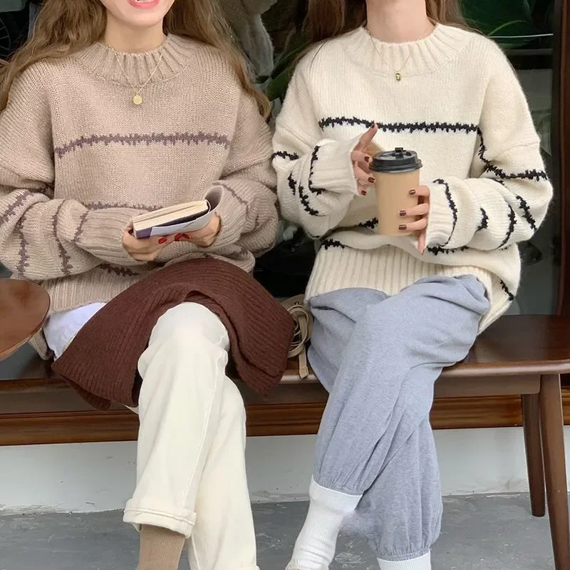 

Women Sweater Casual Pullovers Autumn Winter Basics Knitted Korean Loose Striped O-neck Long Sleeve Elegance Sweet