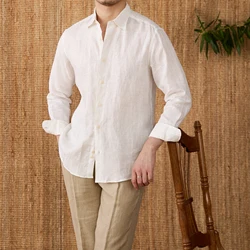 Mr.lu san darter Shirt for men、カジュアル通気性シャツ、長袖シャツ、100リネン、すべてマッチング、さわやか、トレンディ、夏