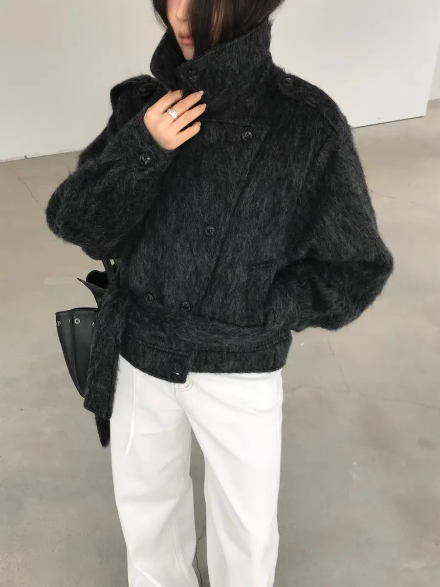 معطف صوفي من East Gate ort للنساء مزدوج الصدر بتصميم كلاسيكي بحزام معطف صوف رائع ملابس خارجية شتوية للسيدات