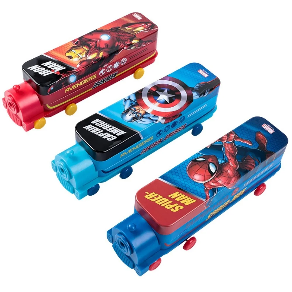 MINISO Marvel Avengers Spider-Man Stationery Box Cartoon Double-decker Train Creative Iron Pencil Box Children's Stationery