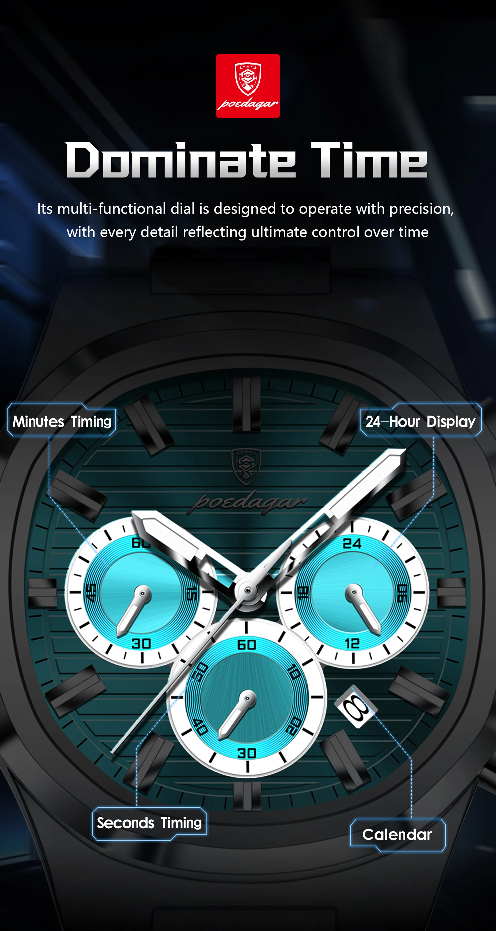 POEDAGAR Top Business Herrenuhr Leuchtend Wasserdicht Edelstahl Herren Armbanduhr Chronograph Datum Quarz Mode Herrenuhren – Detail 7