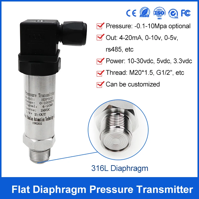 

0-300 Bar Pressure Sensor 0-10V Flat Membrane Pressure Transmitter For Vegetable Oil