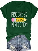 Plus - Size Inspirational “PROGRESS OVER PERFECTION” Graphic Tee, Dark Green Short - Sleeve