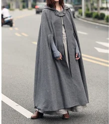 Women s Stylish Hooded Woolen Cape Classic Solid Color Vintage Poncho in Black Grey Blue Dark Green Shades