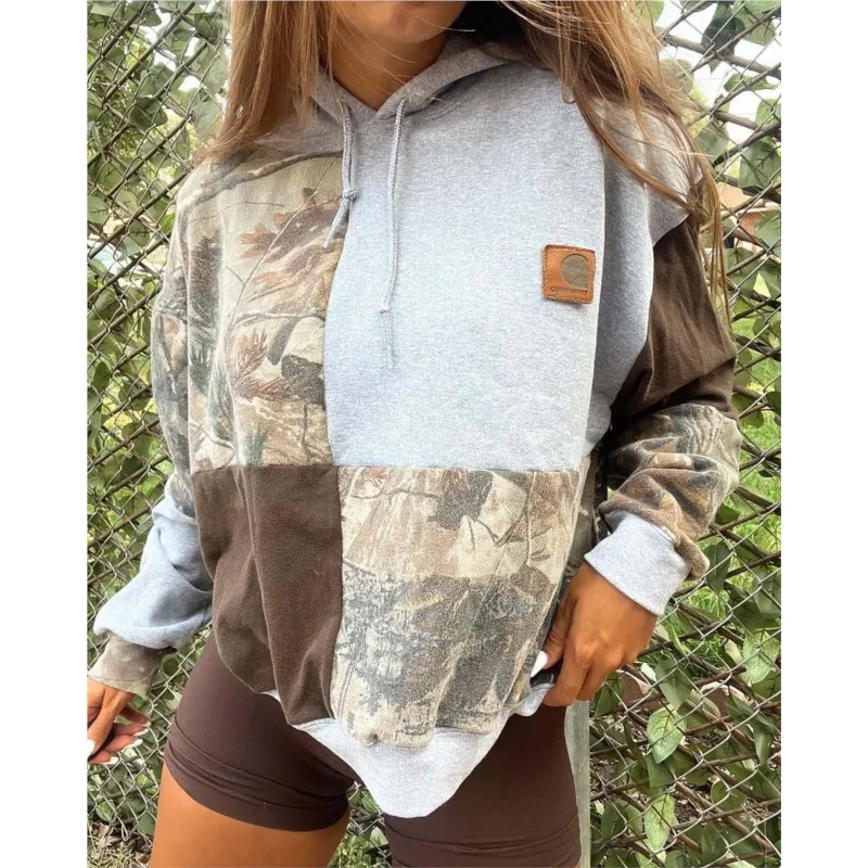 Autumn Winter Casual Hoodie 2024 Fashion Women\'s Pattern Patchwork Long Sleeve Hooded Top Elegant Drawstring Streetwear Pullover