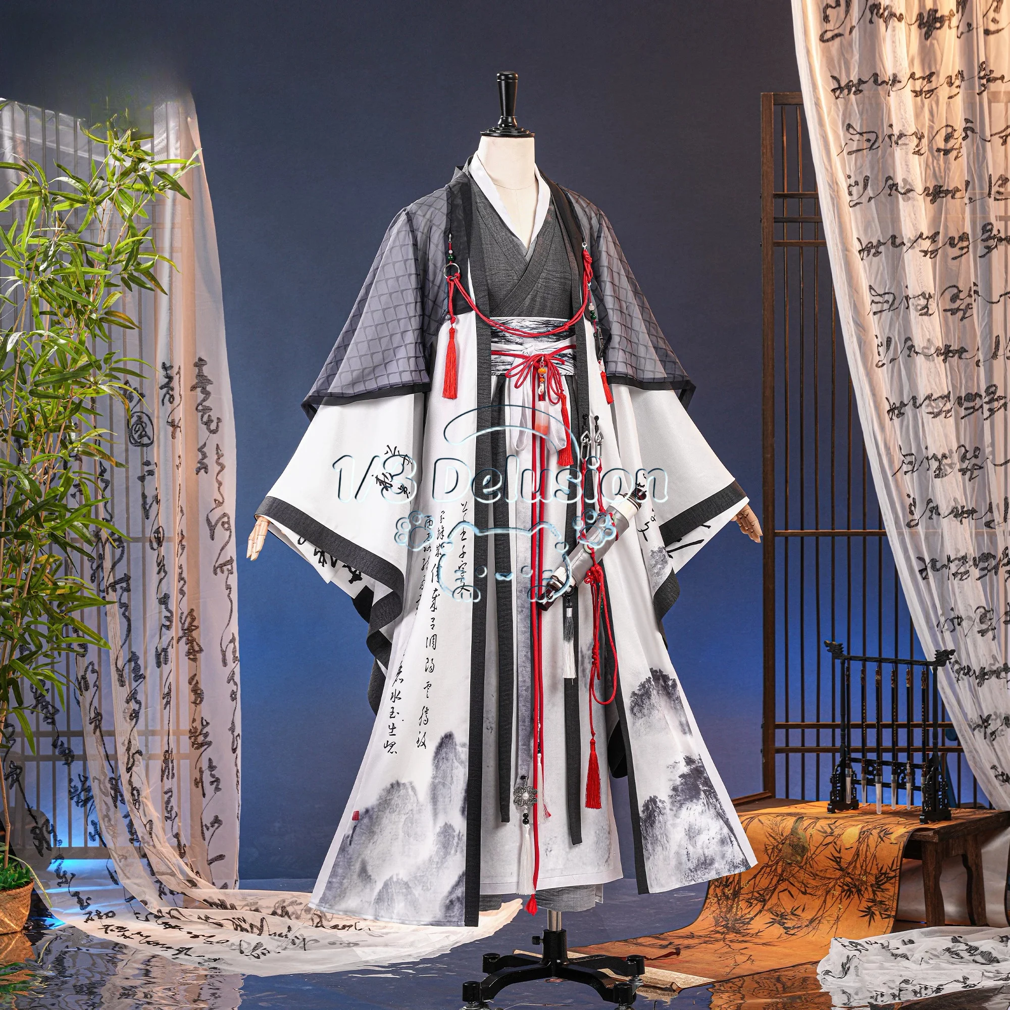 Where Winds Meet Wenjin Academy Cosplay Full Set Ancient Chinese Scholar Robe Complete Red Tassel Belt Ink Gray Hanfu view 3