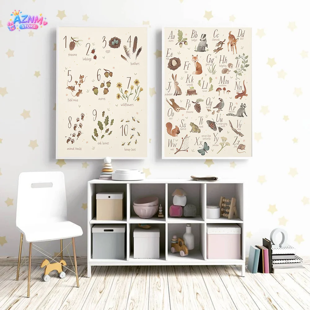 2026 Alphabet Numbers Nursery Poster Animal Child Educate Print Canvas Painting Woodland Wall Art Pictures Kids Room Home Decor