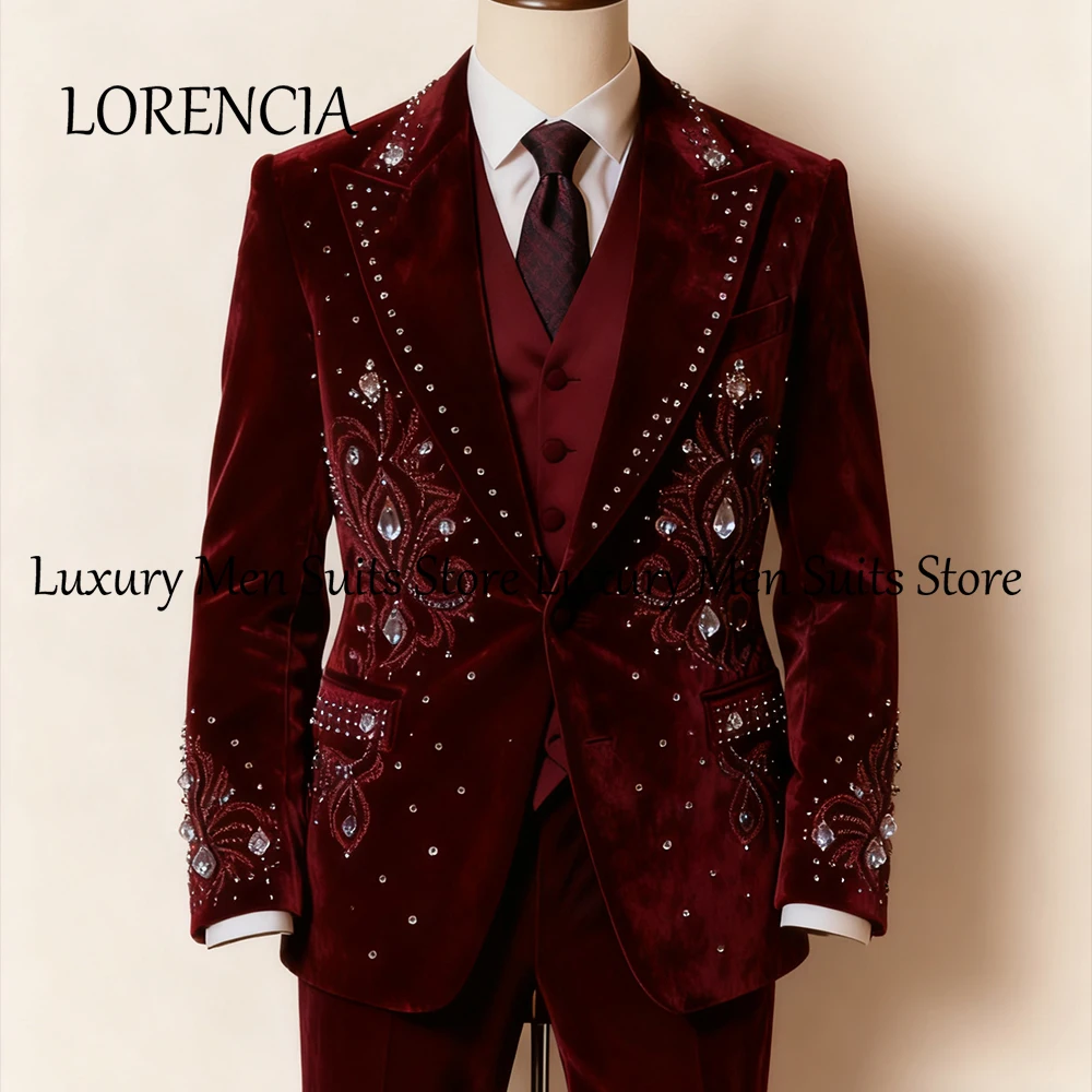 

Elegant Velvet Male Suits 3 Pieces Crystal Tuxedos Set Evening Party Prom Outfits Customized Blazer Pants Vest zomerset heren