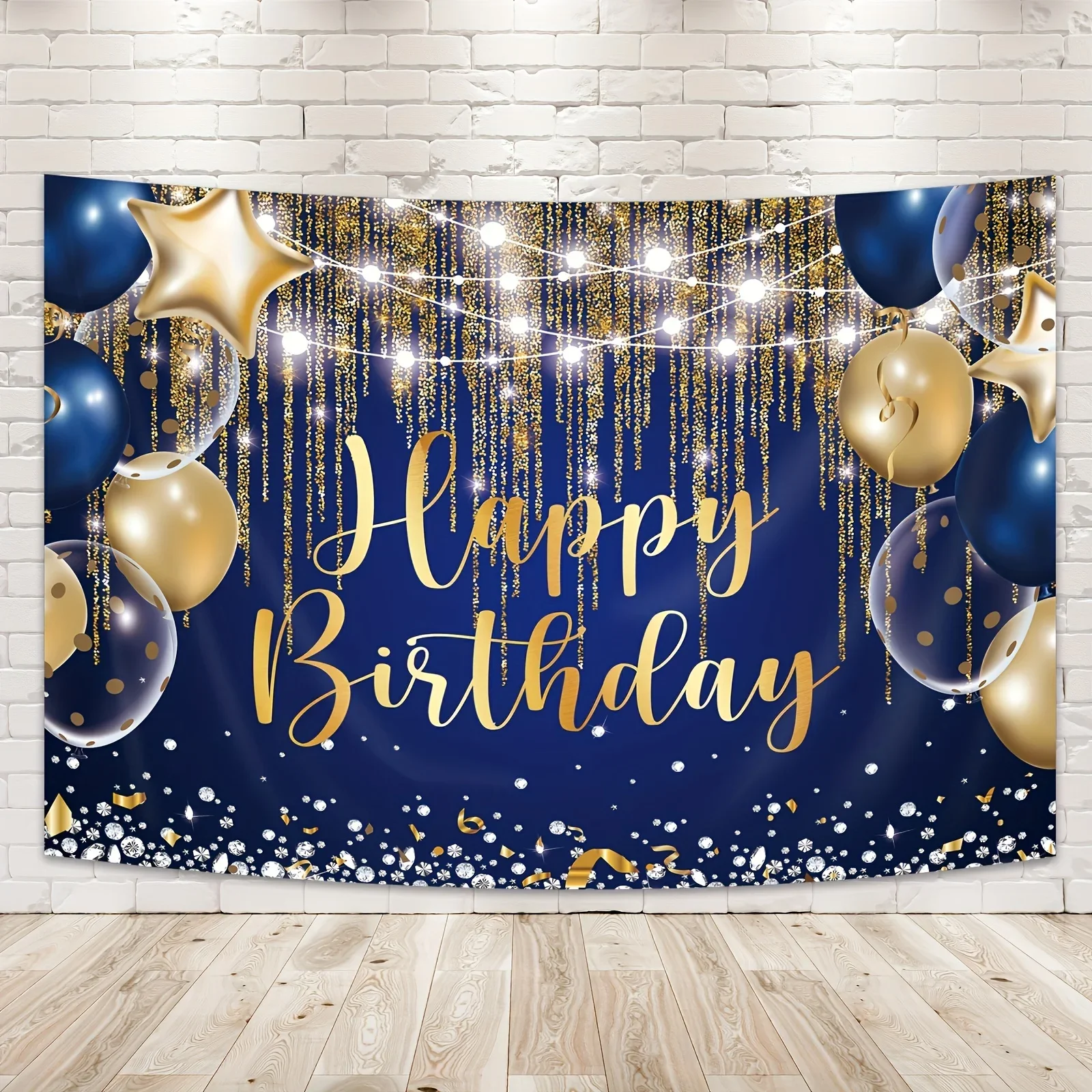 Shimmering Navy & Royal Blue Birthday Background,  Golden Polka Dot Balloons, Magical Cake Table Decor & Photography Banner