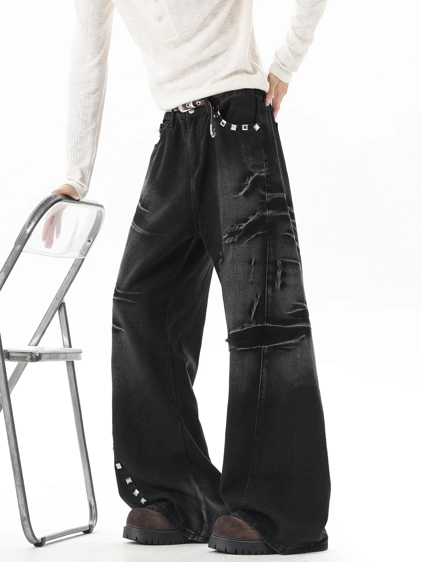

American Style Wide Leg Lightning Pattern Bell Bottoms Heavy Duty Rivet Vintage Washed Men's Jeans Straight Cut Slim Fit