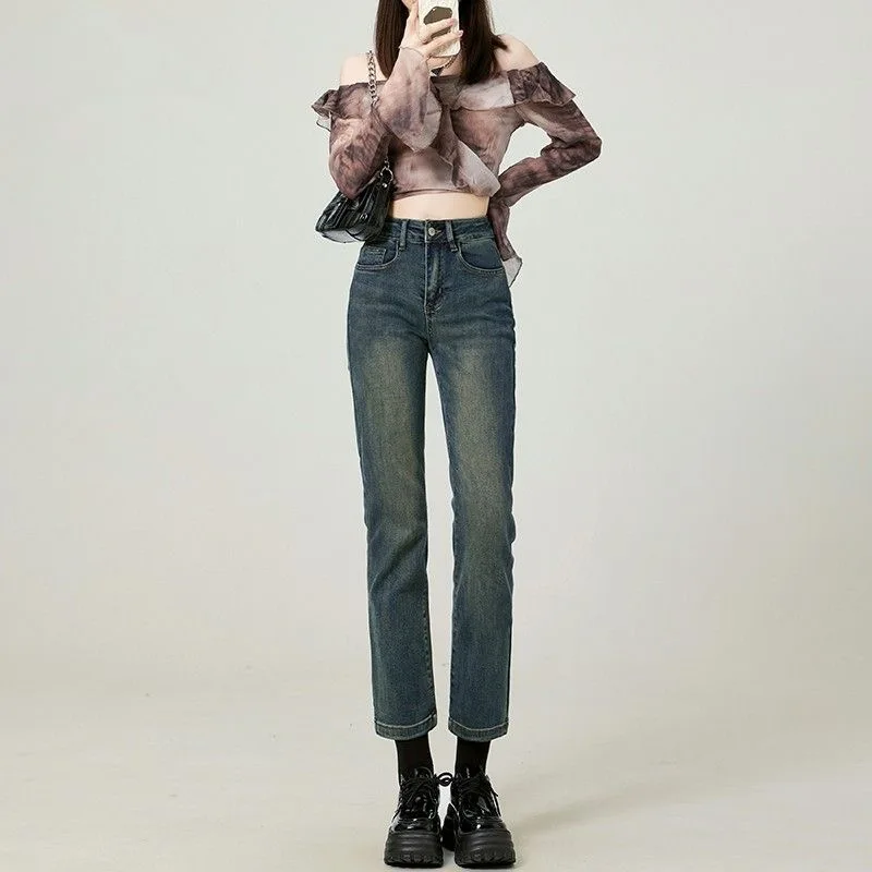 High Waist Straight Leg Jeans Women's Slim Fit Concrete Grey French Bread Short Size Eight Nine Points Match All Smoke Tube P...