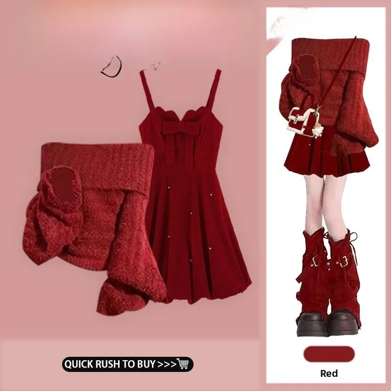 

Red Twist Knit Sweater Women's Faion Autumn Winter One-oulder Clip Clip Casual Comfortable Long Sve