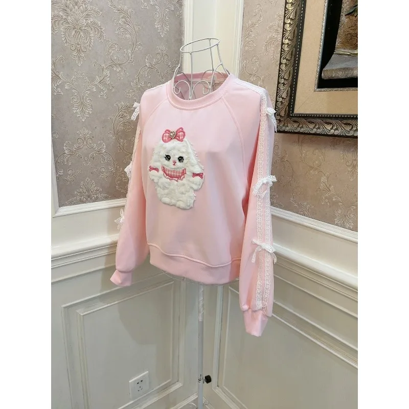 

2026 Spring College Style Soft Pink Plush Puppy Embroidery Cartoon Hoodie Jacket Sweet Bow Loose Pullover Sweatshirt Coat Top