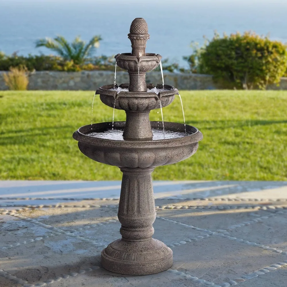 

43" High Large Italian Outdoor Decor Gray Faux Stone Floor Fountain with Light LED Waterfall 3-Tier Standing BasinWater Feature
