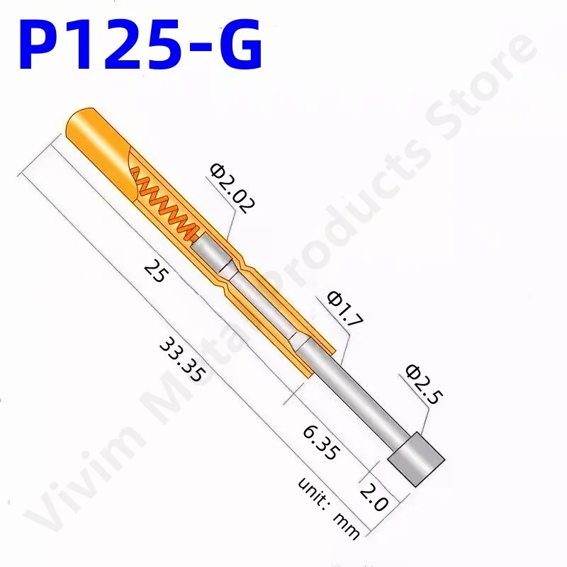 20/100PCS P125-G Spring Test Probe Test Pin Pogo Pin PCB Test Tool Total Length 33.35mm Pin Dia 2.02mm Flat Head Dia 2.5mm