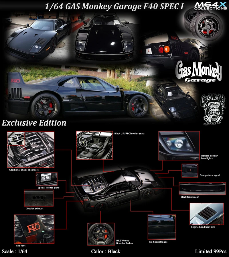 

M64X 1:64 GAS Monkay F40 Gas Monkey Garage HRE3 Penske Racing SPEC I/II BLACK Resin Collector's Vehicle Model Car