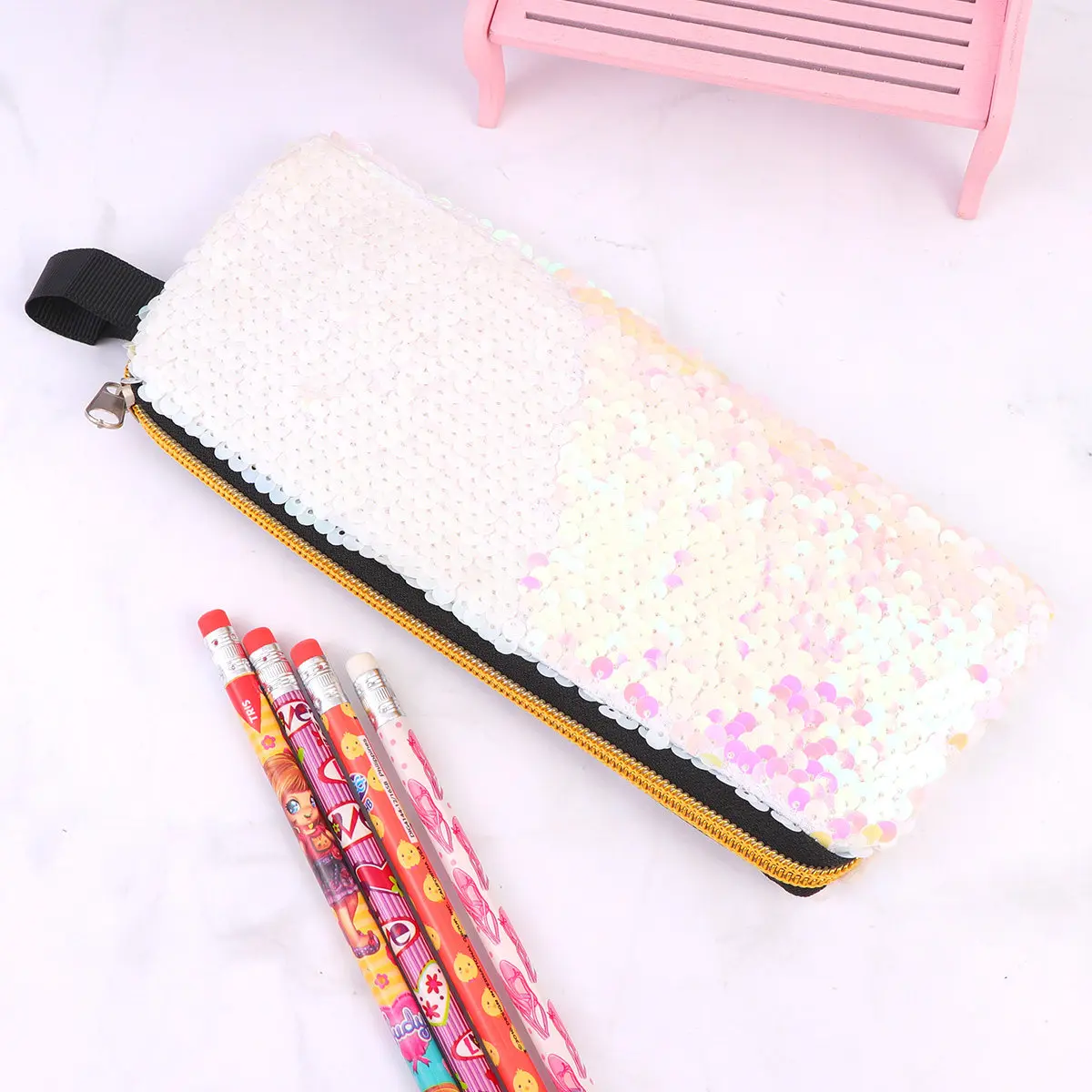 

Portable White Sequins Pencil Bag Shiny Zipper Handheld Pen Pouch Multifunctional Stationery Storage Case Pencil Case