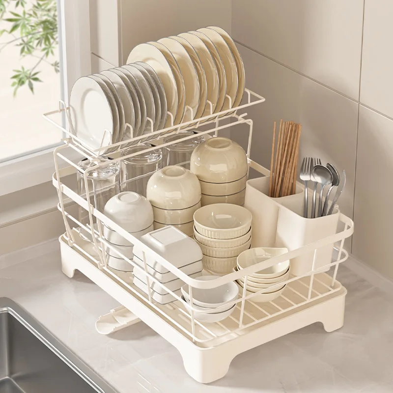 المنزل وعاء من الصلب الكربوني ولوحة استنزاف رف المطبخ تخزين الرف طبقة مزدوجة وعاء وألواح تجفيف مع حامل أواني