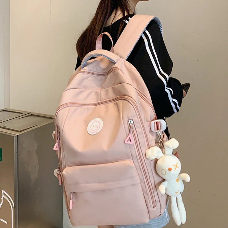 

New Multiple Pockets Waterproof Nylon Women Backpack Female Solid Color Travel Bag Unisex Preppy School Bag Men Cool Rucksack