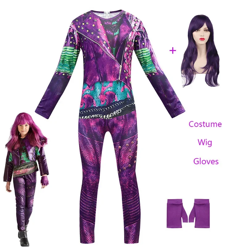 Descendentes 3 trajes Evie Cosplay com peruca e luvas para meninas, macacões infantis, festa de carnaval, Halloween