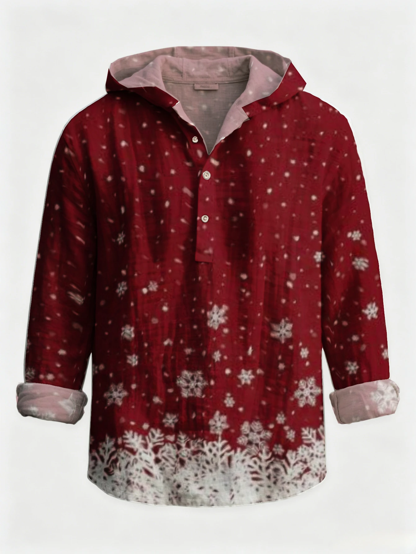 Men Xmas Snowflake Bottom Hem Print Hooded Henley Shirt Long Sleeve Half‑Button Placket Loose Casual Christmas Party Tops