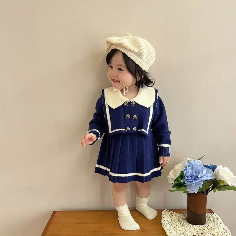 Girls\' Autumn Dress Navy Style Dress Spring and Autumn Baby Fashion Princess Pleated Dress Children\'s Knitted Dress