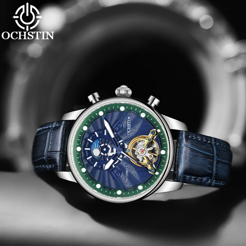 OCHSTIN Men's Flywheel Mechanical Movement Timepiece Equipped Robust Case Frame Breathable Comfortable Leather Wristband