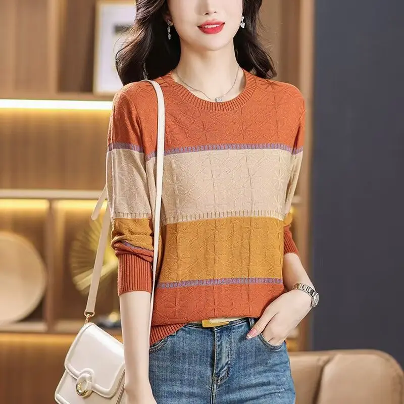 Autumn Winter Contrast Color Screw Thread Knitted Sweater Women\'s Clothing Round Neck Pullover Long Sleeve Casual Elegant Tops