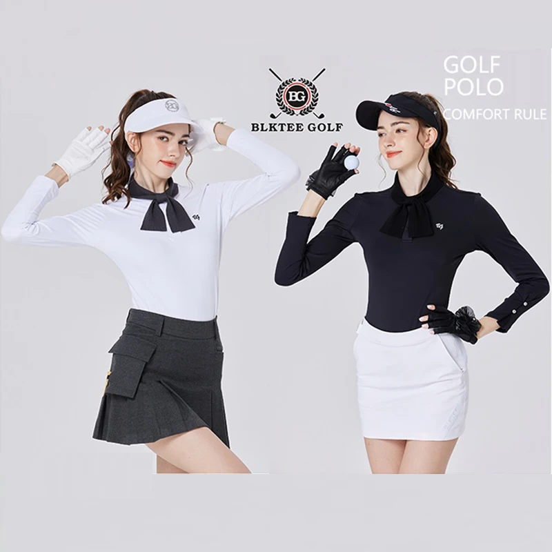 Blktee Golf Clothing Women Long-sleeve T-shirt Autumn Elastic Bow Tie Slim Tops Lady A-lined Skirt Golf Skorts with Inner Shorts