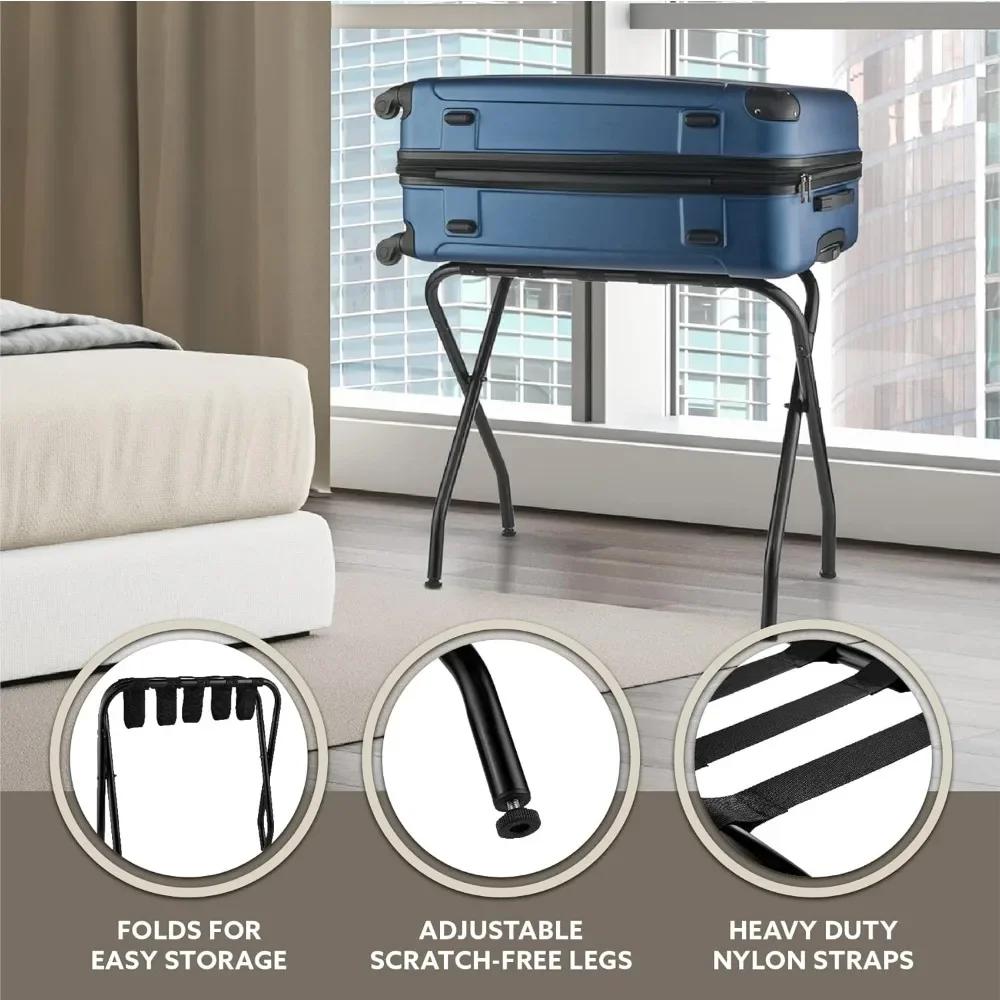 Portaequipajes plegable de Metal, soporte de maleta con correas de nailon negro duradero, para dormitorio, habitación de invitados o Hotel, paquete de 2