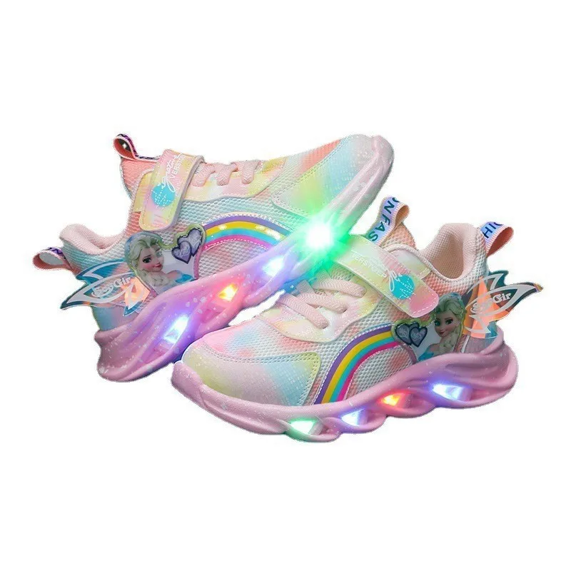 Anime Elsa LED-schoenen voor kinderen Meisjes Cartoon Outdoor Sport Casual schoenen voor kinderen Hardlopen Ademende PU-sneakers van mesh