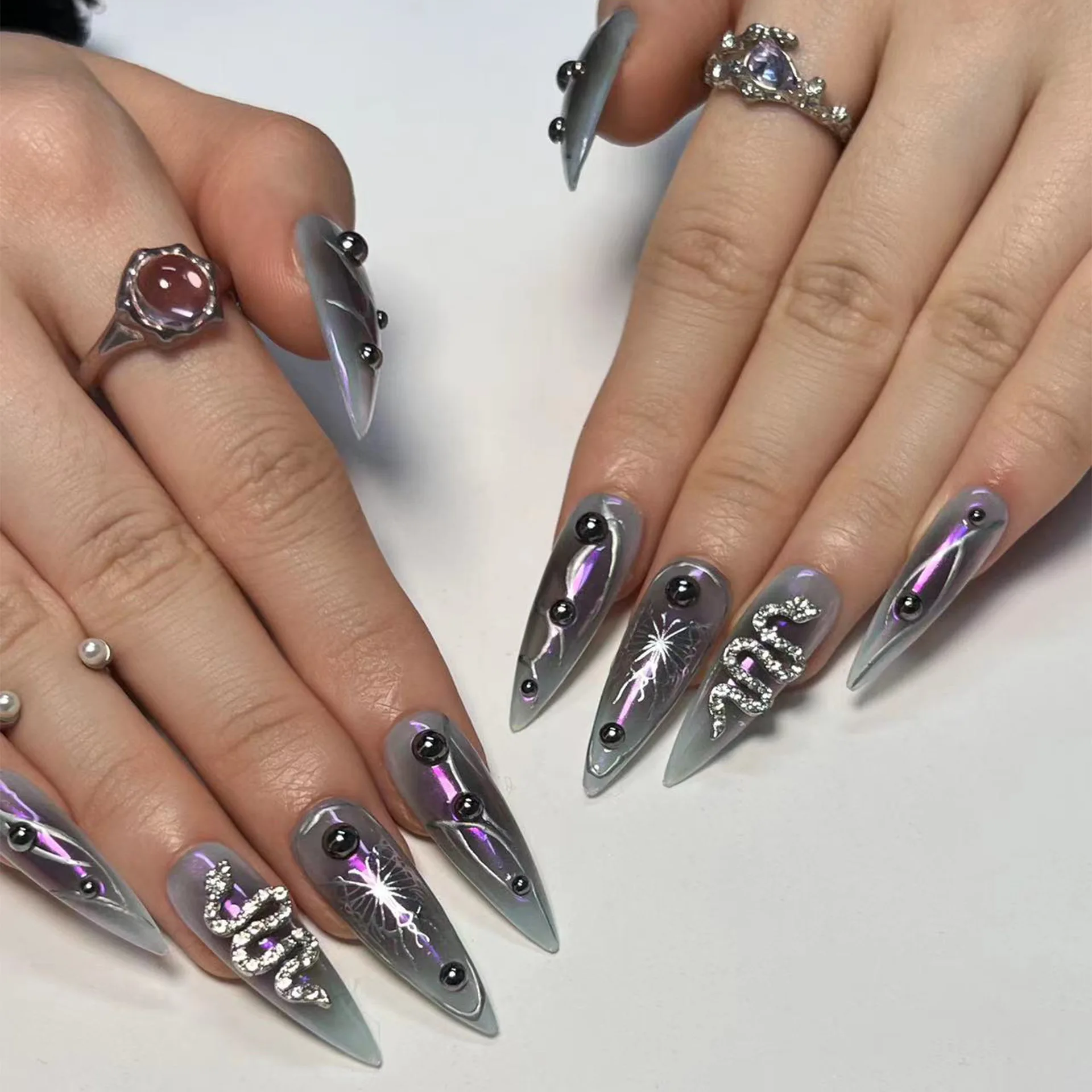 

24Pcs Long Stiletto Nails Set Press on Y2k Snake Rhinestone False Nails Black Smudge Butterfly Reusable Full Cover Fake Nail Tip
