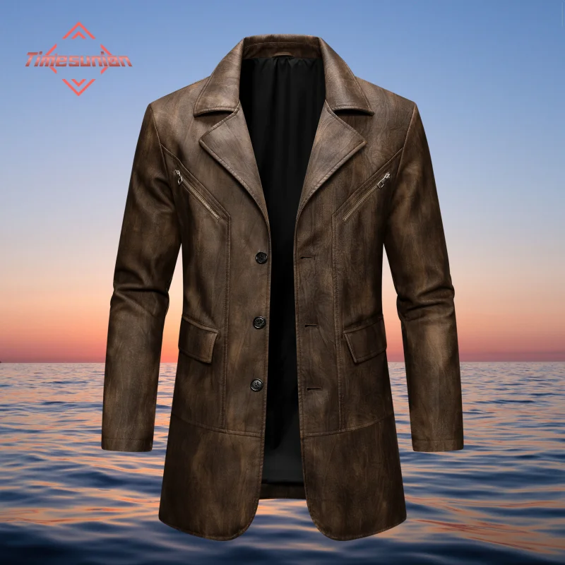 Mid-Length Leather Jacket Man Fashion Turndown Collar Outdoor Camping Windproof Coat Casual Daily Style Autumn Winter Clothing