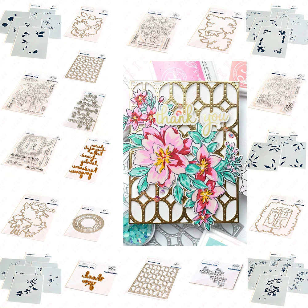 

New Craft Metal Cutting Dies Measure Dance Grow Heart Leafy Background Stencil Lattice Dotted Thank You Hello Circles Stamps Set