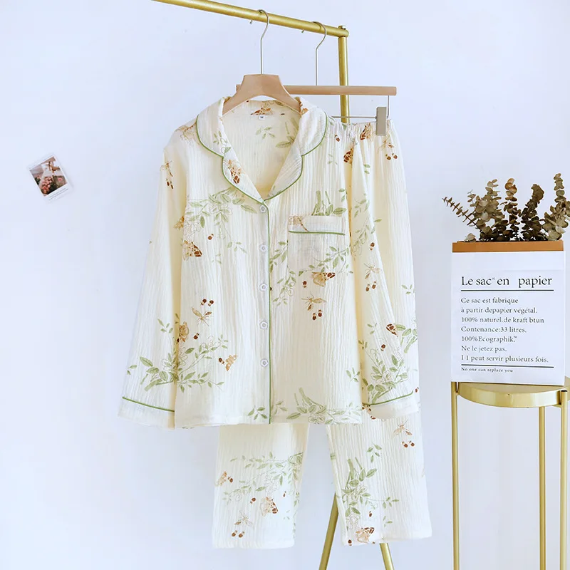 New large size pajamas women cotton crepe home service cotton long sleeve trousers suit simple and comfortable summer and autumn