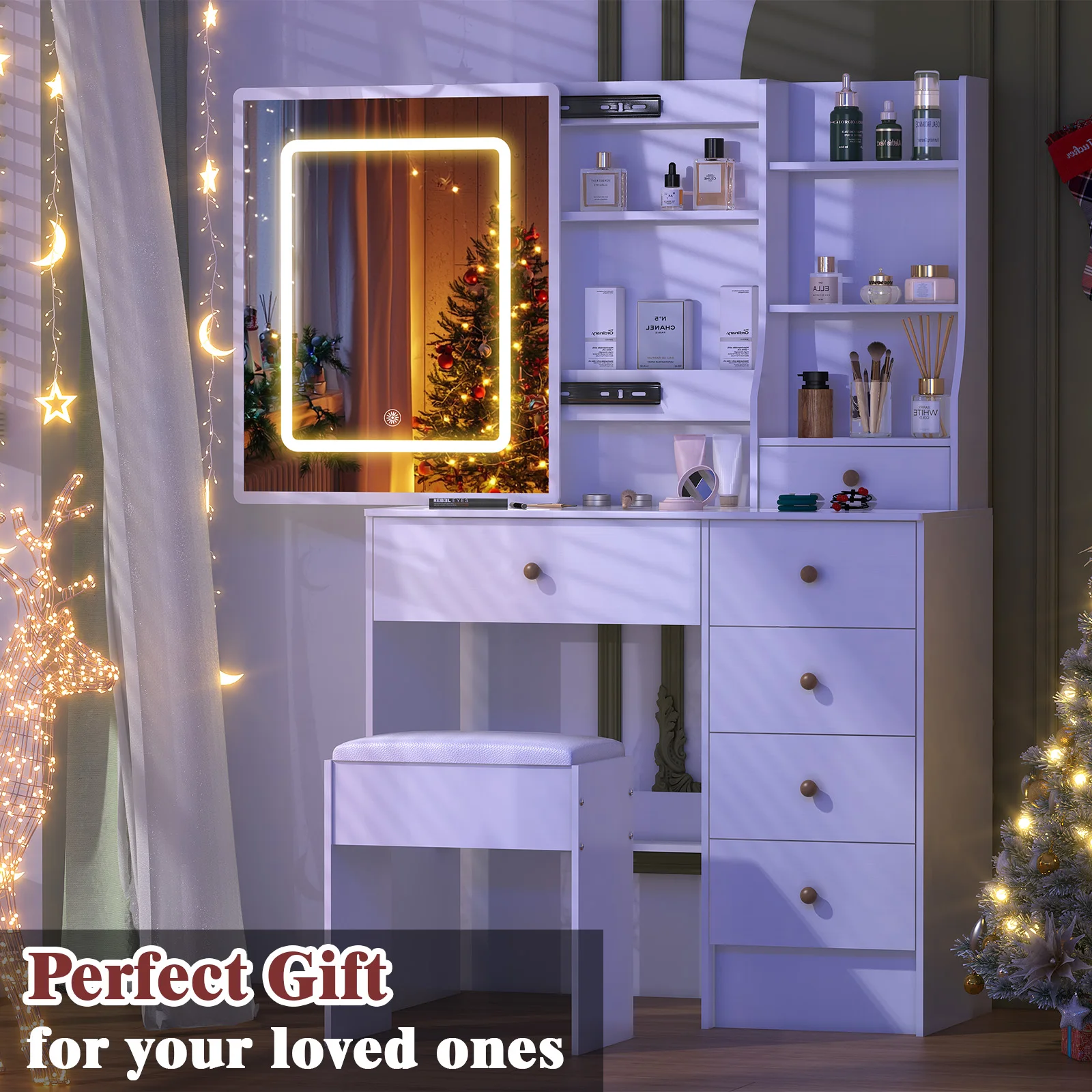 Dressing Table Vanity With Lighted Mirror - Set Toeletta Trucco Bianca Teousev con