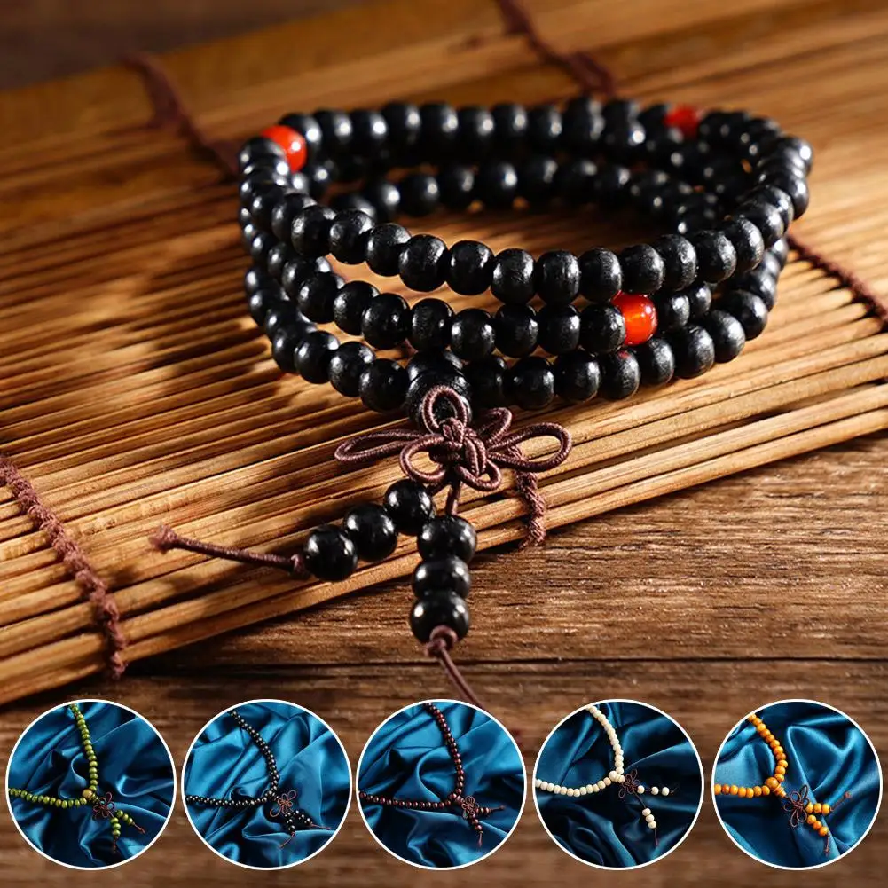 Chinese Style Small Leaf Red Sandalwood Buddhist Beads String Necklace Multilayer Lacquer Women Men Rosary Bracelet Beads Knot