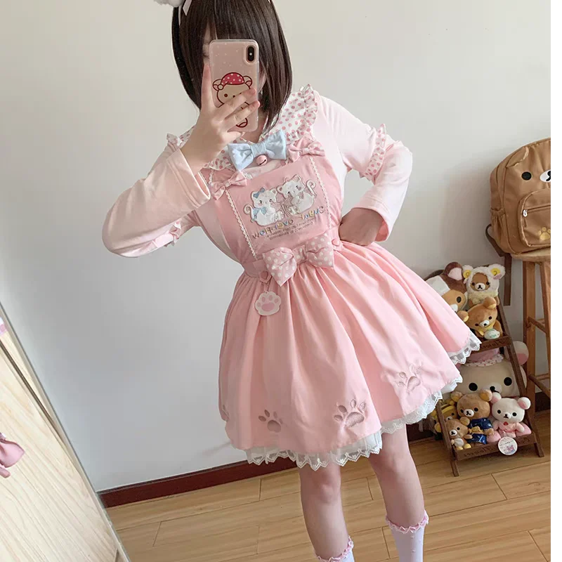 Original Kawaii Sweet Cute Daughter Dress Summer Girls Y2k Short Sleeve Cartoon Cotton T-shirt Bow Strap Dress 2 Piece Set