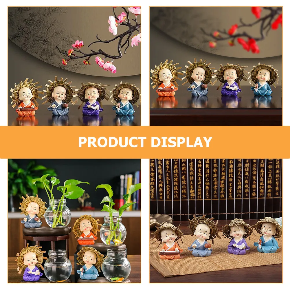 4Pcs Statue Premium Resin Crafted by Artisans Desk Car Shelf Display Happy Prosperity Decor Small Monk Adornment