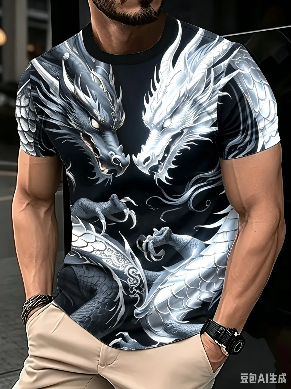 Sommer Neu Leistungsstarkes Schwarzgold Doppeldrachen Herren T-Shirt 3D-Druck Hip-Hop Lässig Atmungsaktiv Schnelltrocknend Outdoor Sport Mode Oberteil – Detail 5
