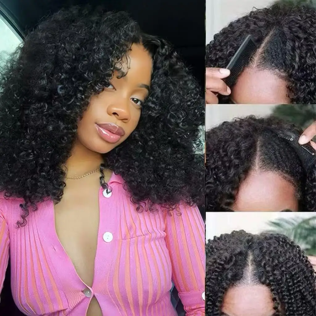 40Inch Kinky Curly V-Part Wig Human Hair No Leave Out Upgrade Deep Wave Curly V Shape Wig No Glue Clip In Half Wigs 200 Density image 3