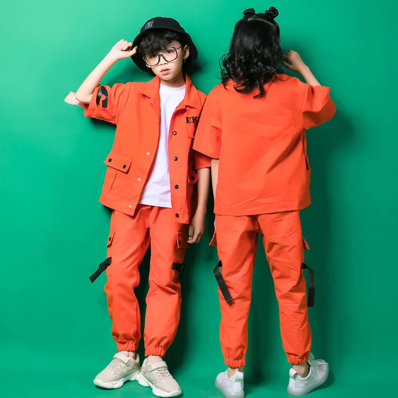 Kids Jazz taniec Hip Hop kostiumy Orange Jacket Top luźne spodnie dla dziewczynek chłopcy Hiphop Street taniec towarzyski ubrania