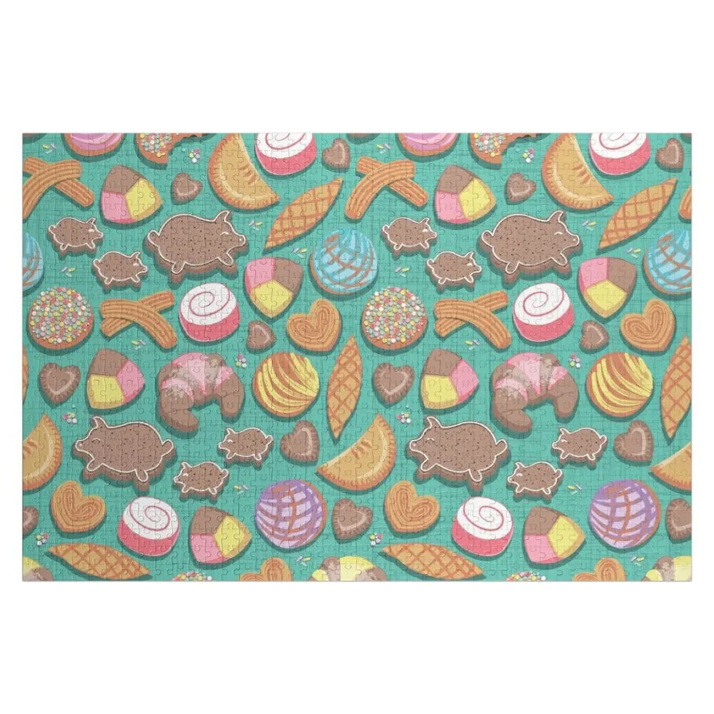 Mexican Sweet Bakery Frenzy // teal background // pastel colors pan dulce Jigsaw Puzzle Custom Jigsaw Puzzle