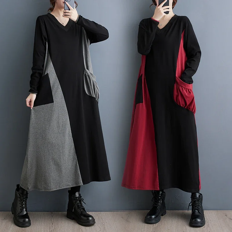 

Women's Asymmetrical Spliced Color Patchwork Sweatshirt Dress, Long Sleeve, V-neck, Casual Loose Pocket, Cotton Midi Dresses