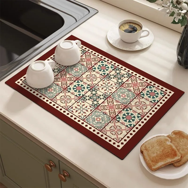 Retro Tile Pattern Absorbent Draining Mat Antiskid Quick Dry Kitchen Coffee Dish Drying Pad Farmhouse Cottage Style view 2