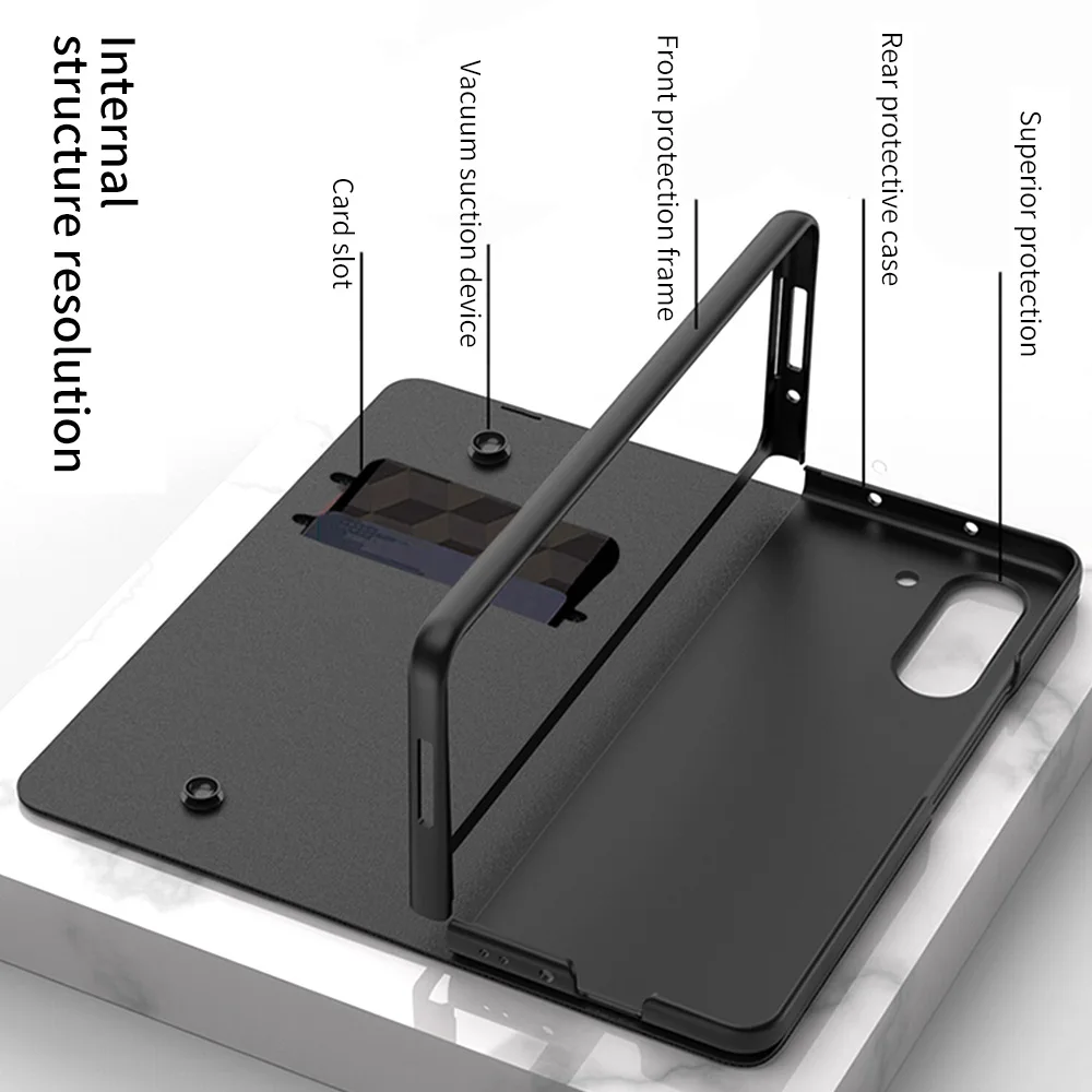 Ultra Thin Glass Flip Cover Plain Leather Case  For Samsung Galaxy Zfold5 Built-in Card Slot Anti Drop Folding Marble Phone Case