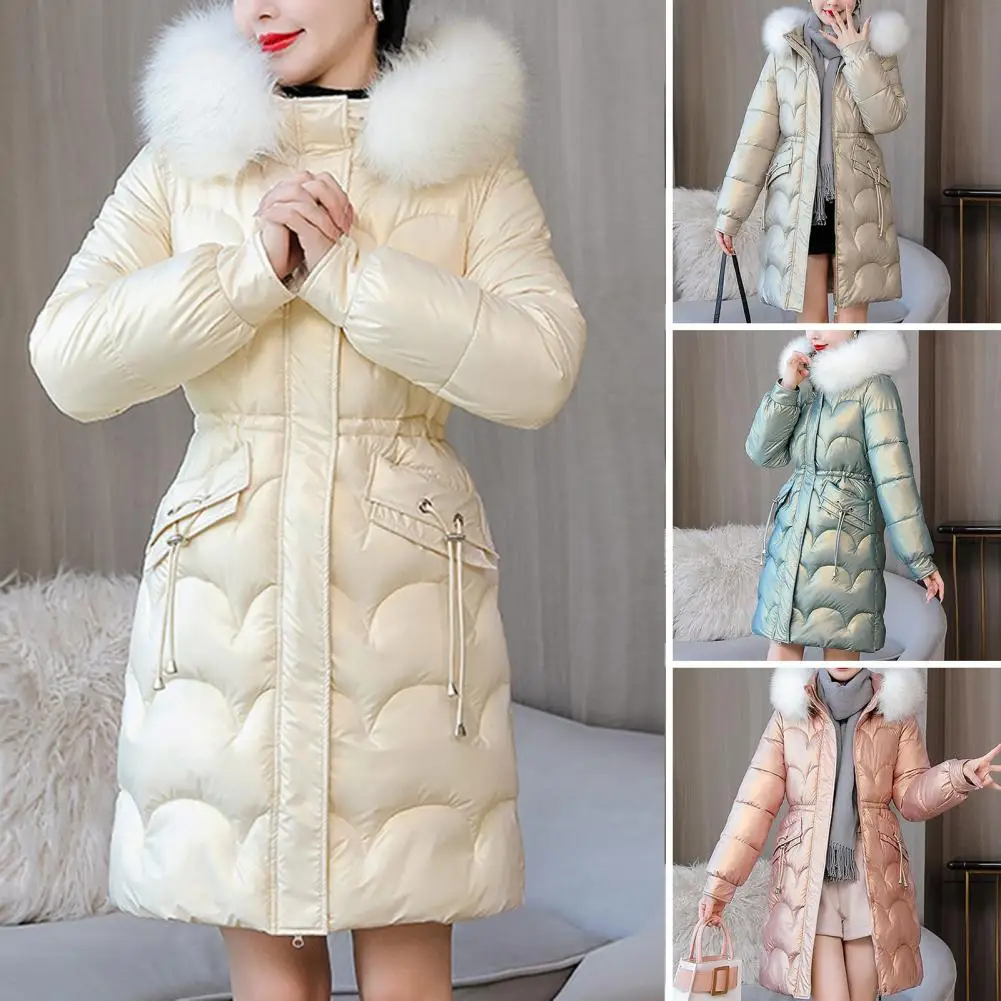 Women Winter Cotton Coat Thickened Padded Faux Fur Hood Outerwear Slim Fit Mid Length Hooded Zipper Closure Pockets Down Coat