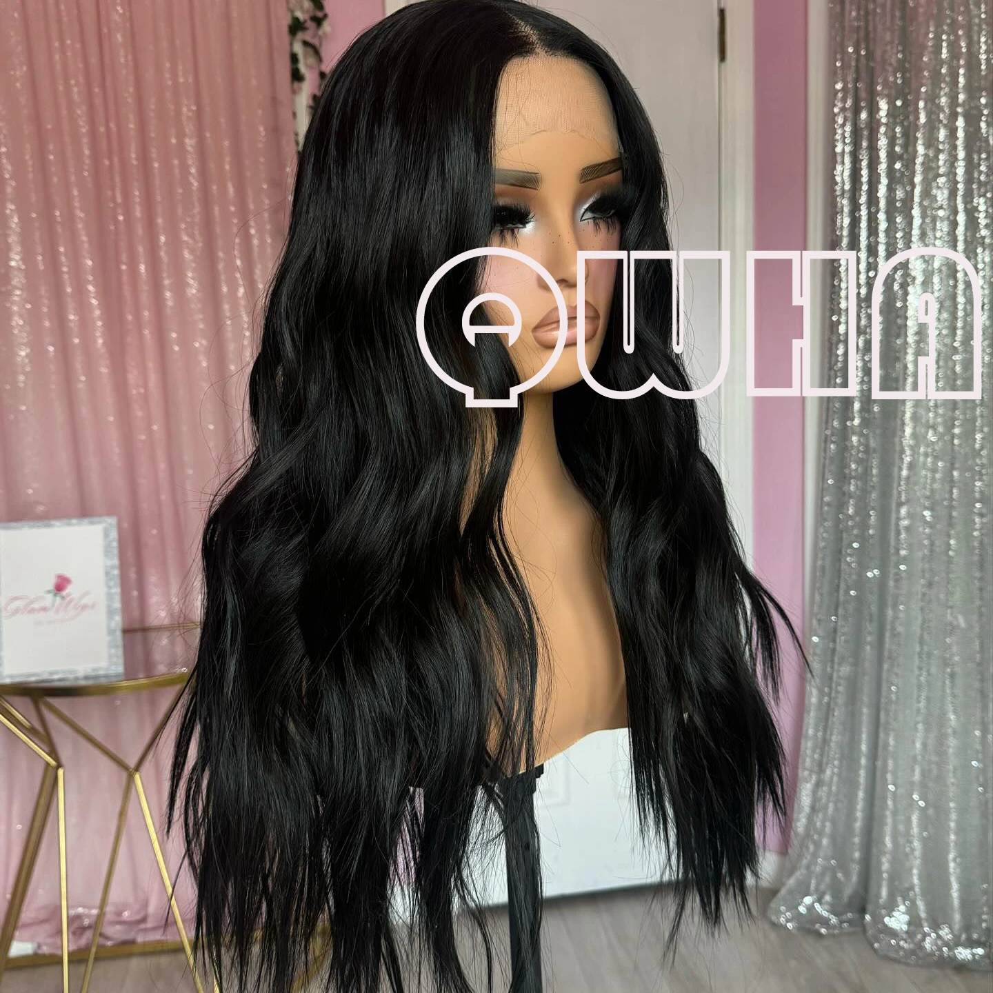 QW Synthetic Hair Black Body Wave Soft 13X4 Lace Front Wig For Women Hair Heat Resistant Fiber Cosplay  Daily