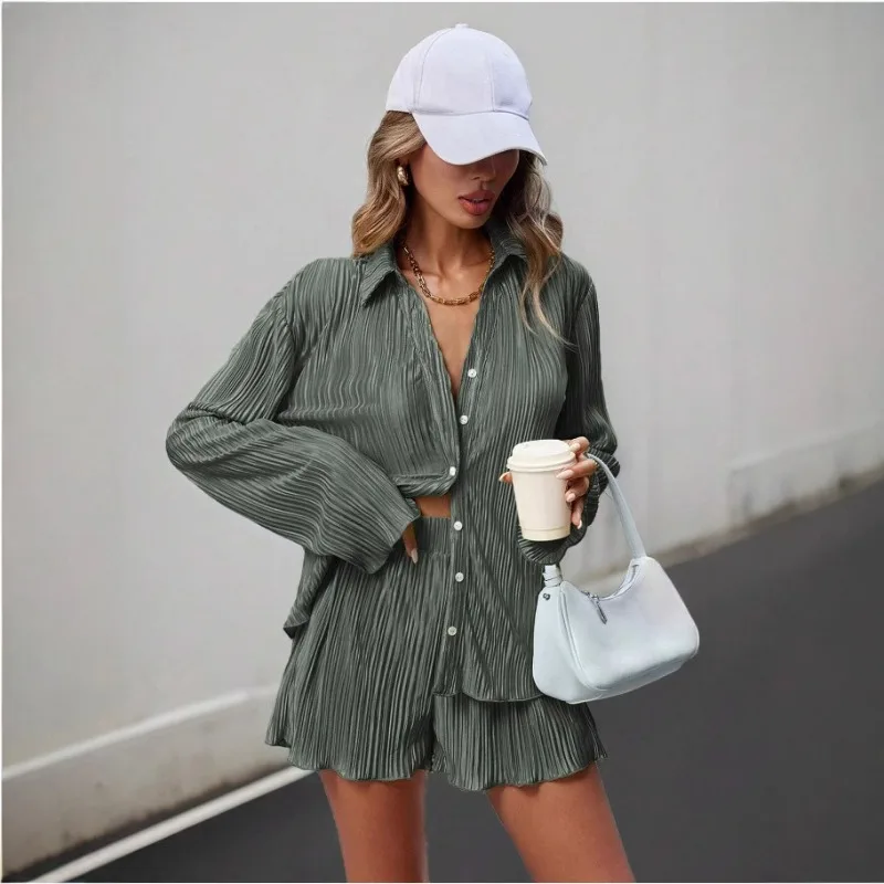 

Solid Color Pleated Lapel Long-sleeved Five-inch Shorts Sets Cross-border Fashion and Casual Wear in Europe America in Summer