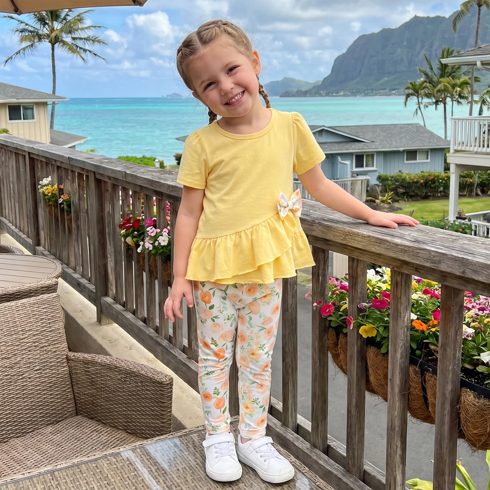 1-6Y Little Girls 2 Piece Outfits Adorable Bow Decor Short Sleeve Round Neck t Shirt Tops Floral Print Pants Children's Set